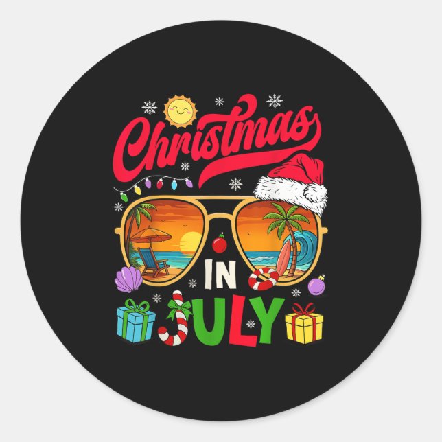 Sticker Rond Retro Christmas In July Sungles Beach Summer Hawai (Devant)