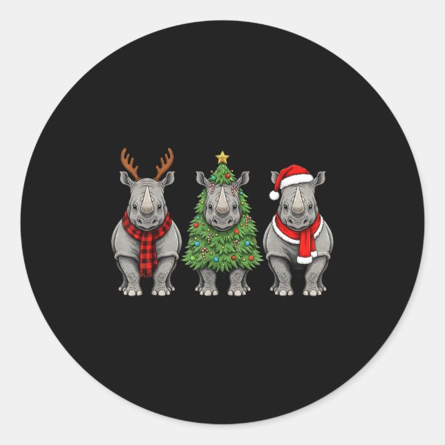 Sticker Rond Retro Christmas Rhino Santa Reindeer Safari Animal (Devant)