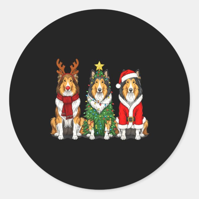 Sticker Rond Retro Christmas Rough Collie Santa Reindeer Dog Lo (Devant)