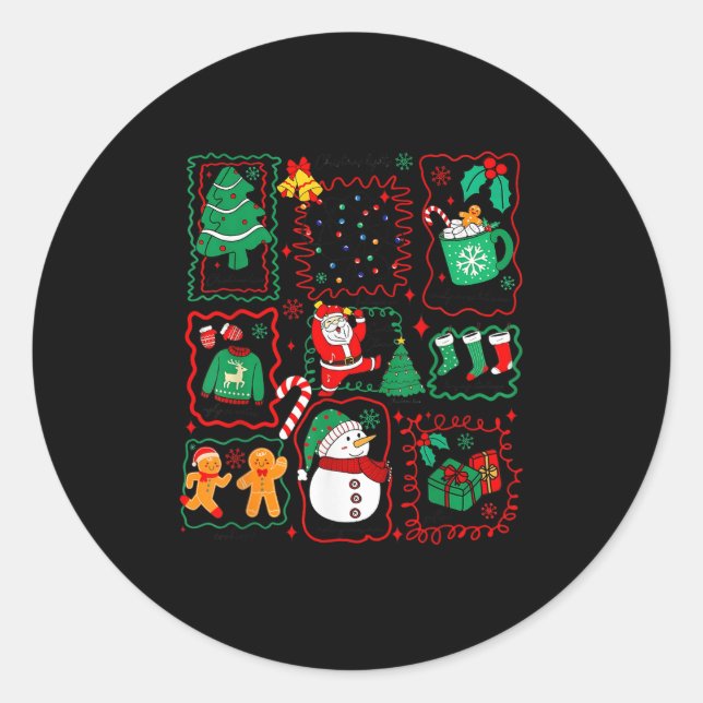 Sticker Rond Retro Christmas Santa Claus Cocoa Xmas Tree Snowma (Devant)