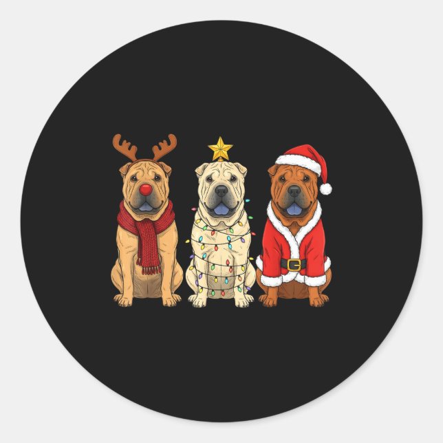 Sticker Rond Retro Christmas Shar Pei Santa Reindeer Dog Lover  (Devant)