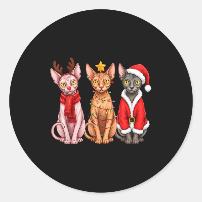 Sticker Rond Retro Christmas Sphynx Cat Santa Reindeer  (Devant)