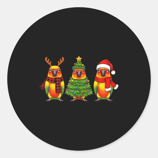 Sticker Rond Retro Christmas Sun Conure Parrot Santa Reindeer  (Devant)