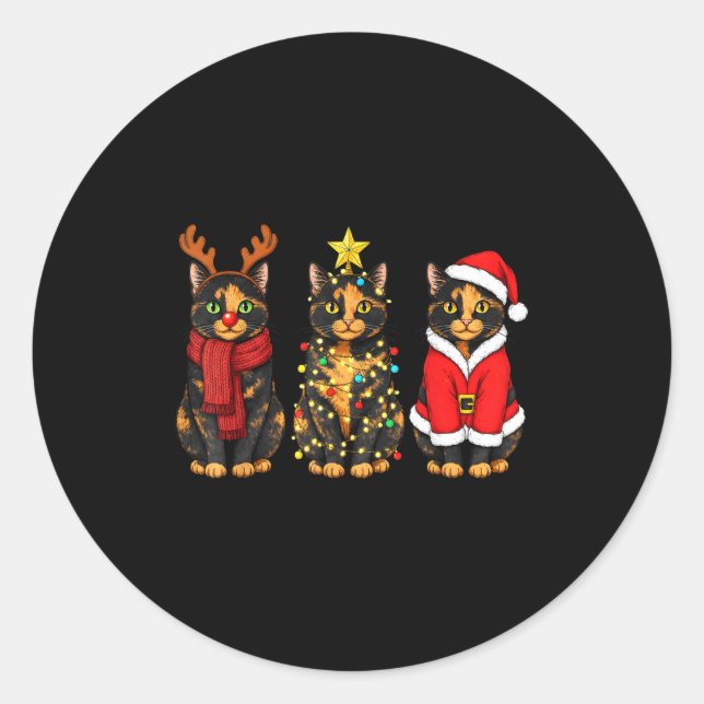 Sticker Rond Retro Christmas Tortoiseshell Cat Santa Reindeer  (Devant)