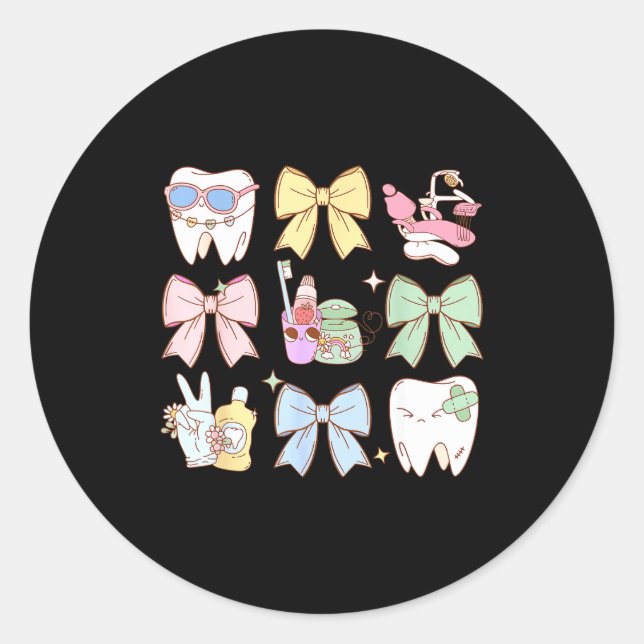 Sticker Rond Retro Coquette Bow Dental Hygienist Teeth Dentist  (Devant)