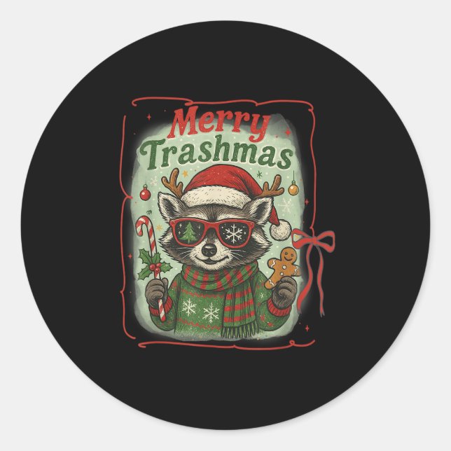 Sticker Rond Retro Coquette Merry Trashmas Raccoon Christmas Cu (Devant)