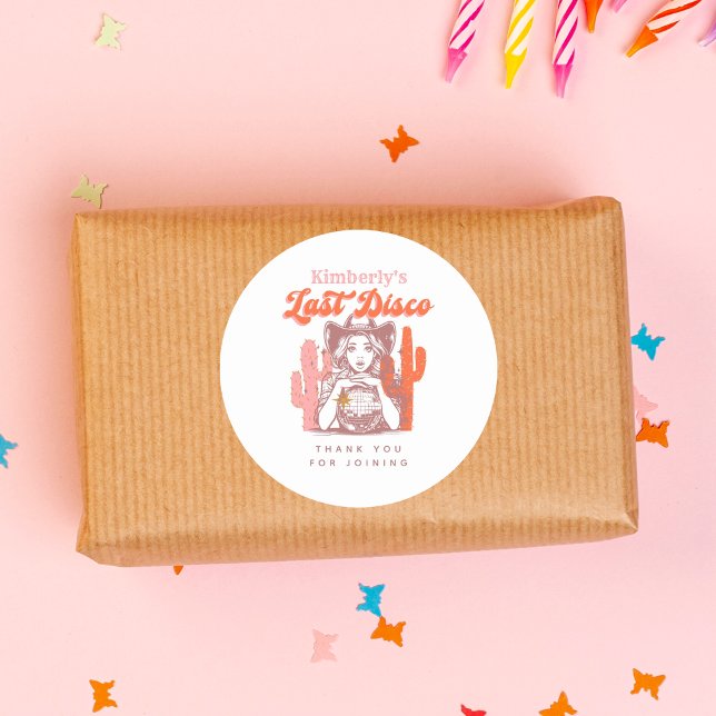 Sticker Rond Retro Cowgirl Dernier Disco Bachelorette Merci (Créateur téléchargé)