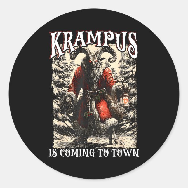 Sticker Rond Retro Creepmas Krampus Is Coming To Town Dark Humo (Devant)