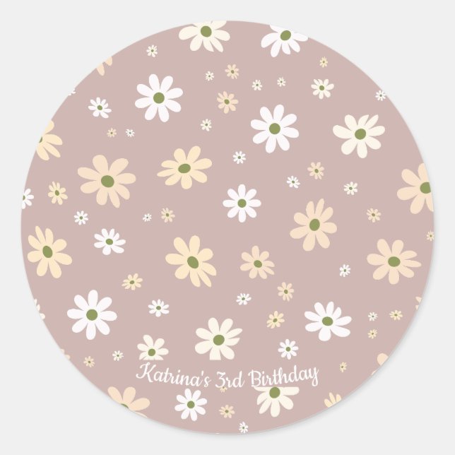 Sticker Rond Retro Daisy Floral Motif Personnalisé Anniversaire (Devant)