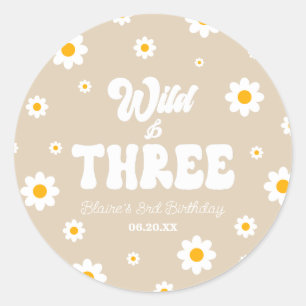 Sticker Rond Retro Daisy Flower Wild & Trois 3e fête d'annivers