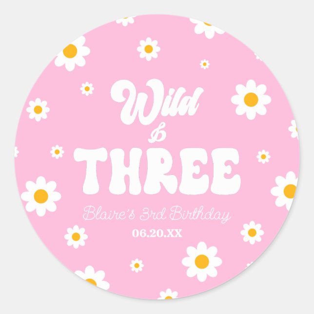 Sticker Rond Retro Daisy Flower Wild & Trois 3e fête d'annivers (Devant)