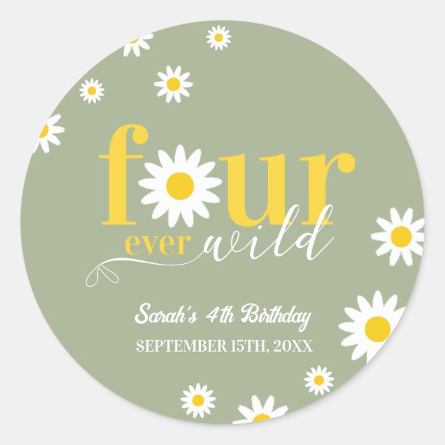 Sticker Rond Retro Daisy Four Ever Wild Sage Green 4e anniversa (Devant)