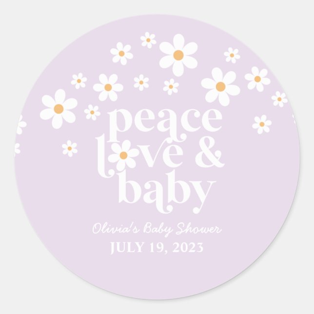 Sticker Rond Retro Daisy lavender boho Peace Love Baby shower (Devant)