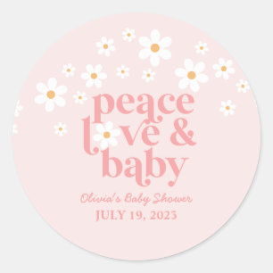 Sticker Rond Retro Daisy Pink boho Peace Love Baby Shower