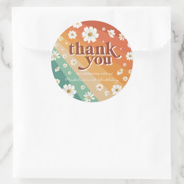Sticker Rond Retro Daisy Rainbow Merci d'anniversaire (Sac)