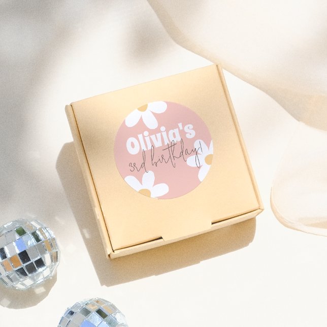 Sticker Rond Retro Daisy Super Fête d'anniversaire fille (Créateur téléchargé)