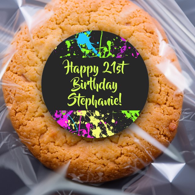 Sticker Rond Retro de la fête des années 80 Neon Paint Splatter (custom 80s birthday party decorations favor sticker)