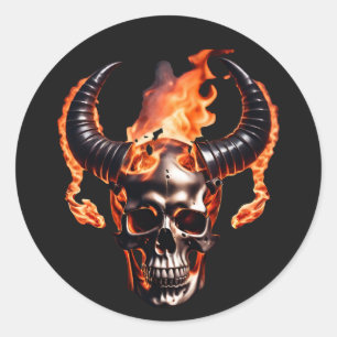 Sticker Rond Retro Dead Burning Crâne avec corne en feu