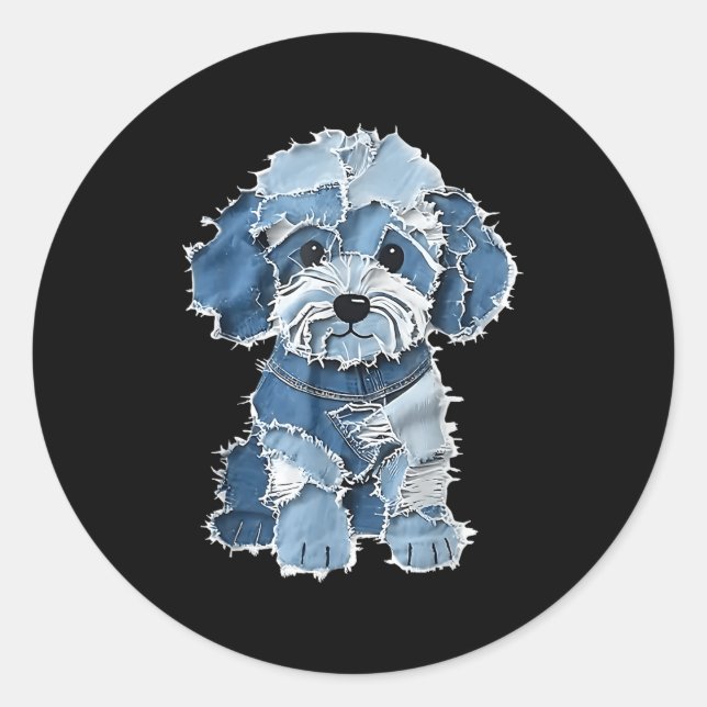 Sticker Rond Retro Denim Chien Patch, Funny Shabby Blue Jean Pu (Devant)