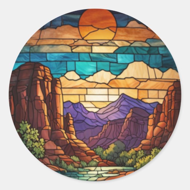 Sticker Rond Retro desert scene Sedona mountains stainglass art (Devant)