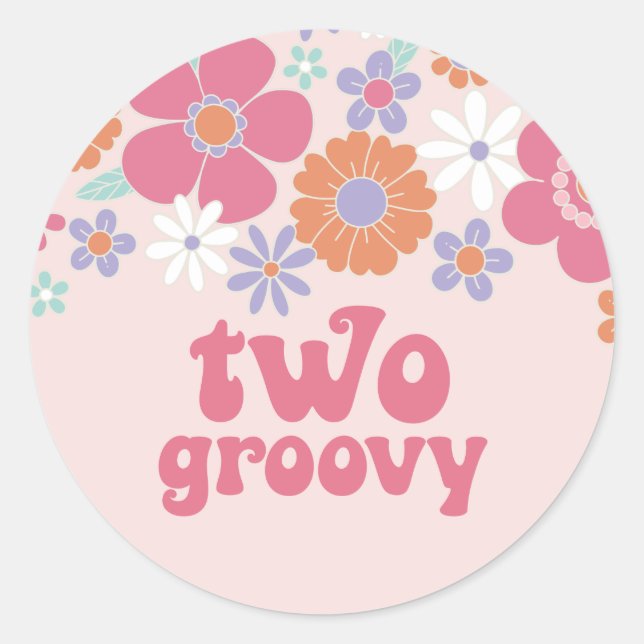 Sticker Rond Rétro Deux Groovy Fleur Rose (Devant)