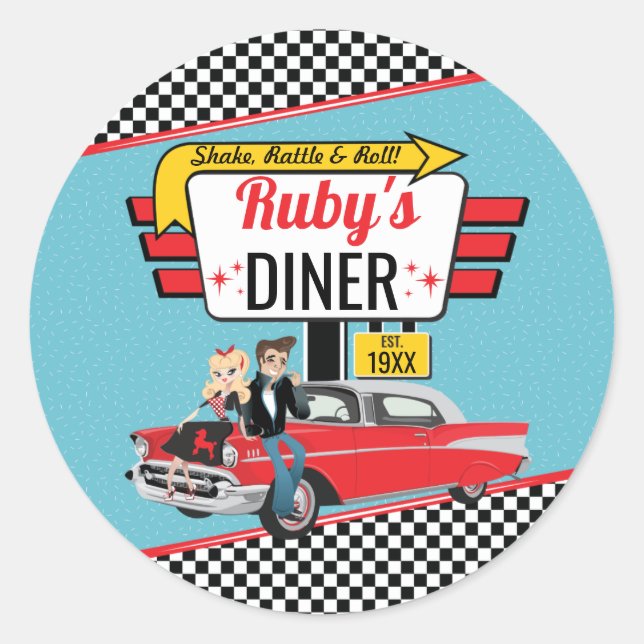 Sticker Rond Retro Diner 1950 Turquoise & Red Sock Hop (Devant)