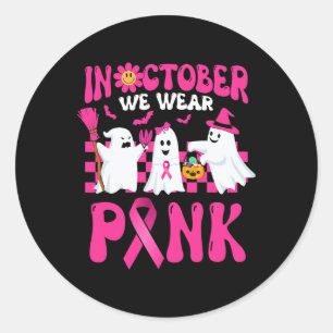 Sticker Rond Retro En Octobre Nous Portons Pink Wizard Ghosts B