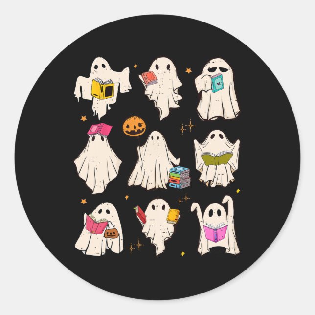 Sticker Rond Retro Enseignant Halloween Ghost Lire plus Livres  (Devant)