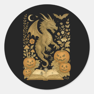 Sticker Rond Retro Floral Dragon Livre Citrouille Lecture Éffra