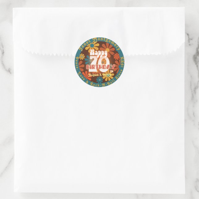 Sticker Rond Retro Flower Power Custom 70e anniversaire (Sac)