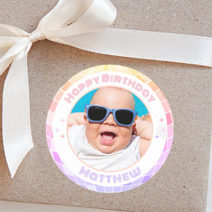 Sticker Rond Retro Funky 90s Disco Ball Happy Birthday Photo