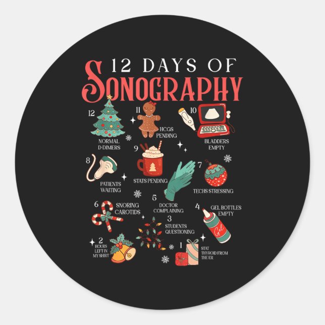 Sticker Rond Retro Funny 12 Days Of Sonography Ultrasound Tech  (Devant)