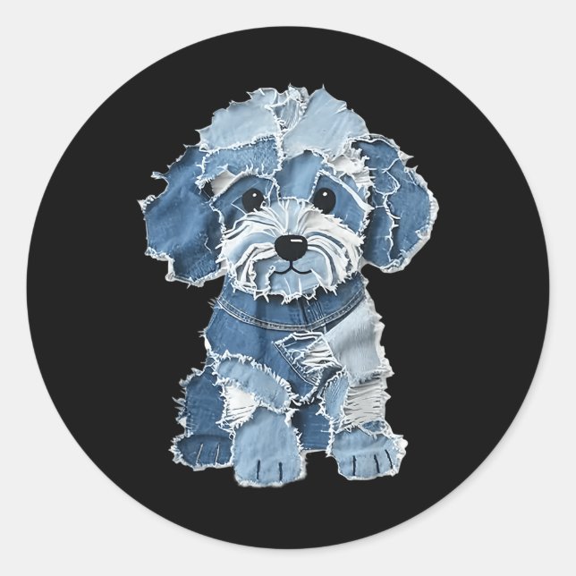 Sticker Rond Retro Funny Denim Patch Animal Dog Print  (Devant)