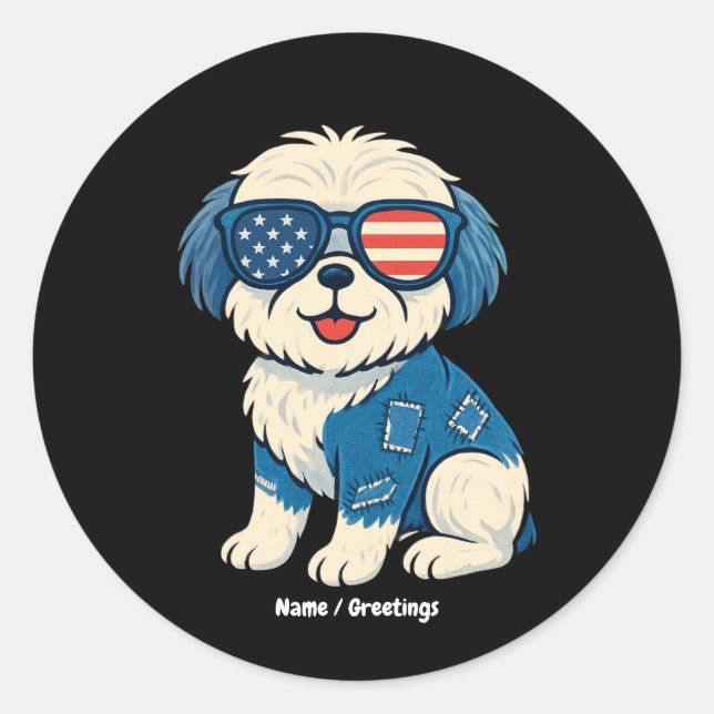 Sticker Rond Retro Funny Denim Patch mignonette chien animal de (Devant)