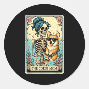 Sticker Rond Retro Funny Le Corgi Mom Tarot Card Skeleton Hall