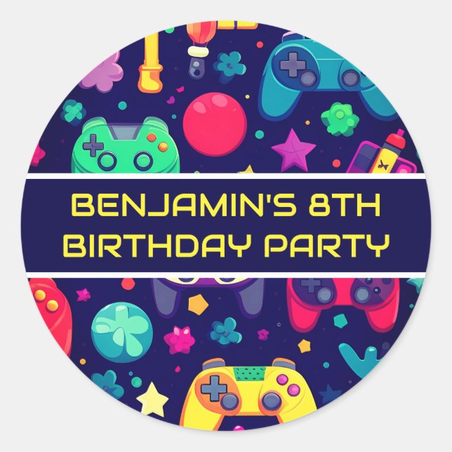 Sticker Rond Retro Gamer Arcade fête d'anniversaire (Devant)