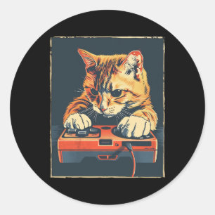 Sticker Rond Retro Gamer Chat Avoir Une Console De Jeu Amusante