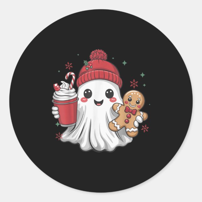 Sticker Rond Retro Ghost Beanie Christmas Holiday Xmas Coffee G (Devant)