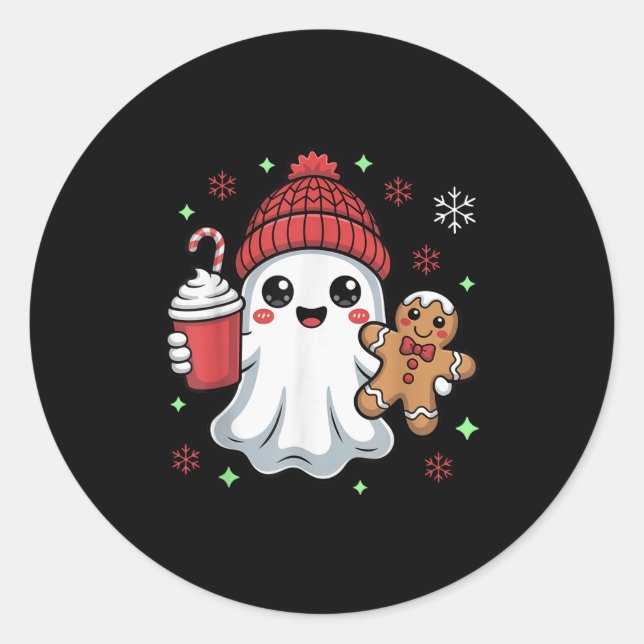 Sticker Rond Retro Ghost Beanie Christmas Holiday Xmas Coffee G (Devant)