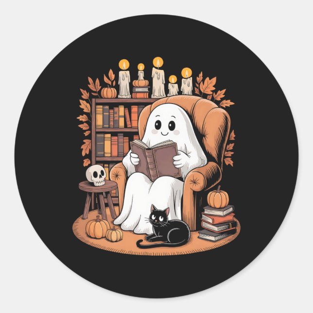 Sticker Rond Retro Ghost Reading Books (Devant)