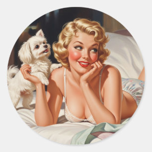 Sticker Rond Retro Girl with Maltese Dog 50's Pin-up Art