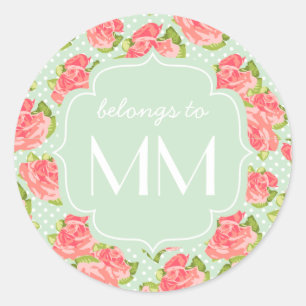 Sticker Rond Rétro Girly floral élégant de menthe de rose