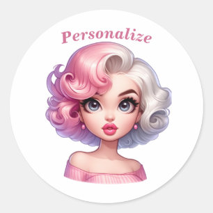 Sticker Rond Retro Glamor Girl Cartoon Animé Personnaliser