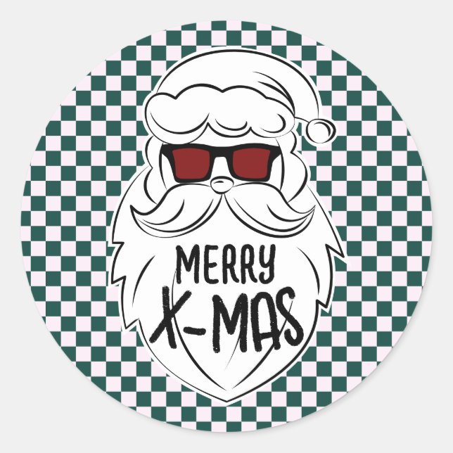 Sticker Rond Retro Green Pink Checkered Santa Claus Christmas  (Devant)