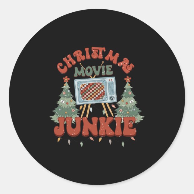 Sticker Rond Retro Groovy Christmas Movie Junkie Merry Xmas Tre (Devant)