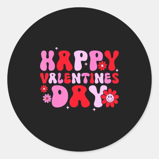 Sticker Rond Retro Groovy Happy Valentines Day Hearts Love Wome (Devant)