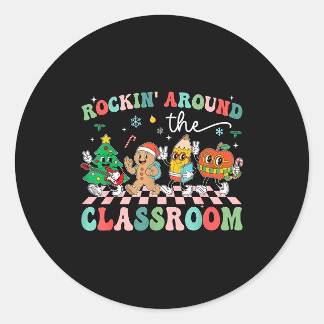 Sticker Rond Retro Groovy Teacher Christmas Rockin' Around The  (Devant)
