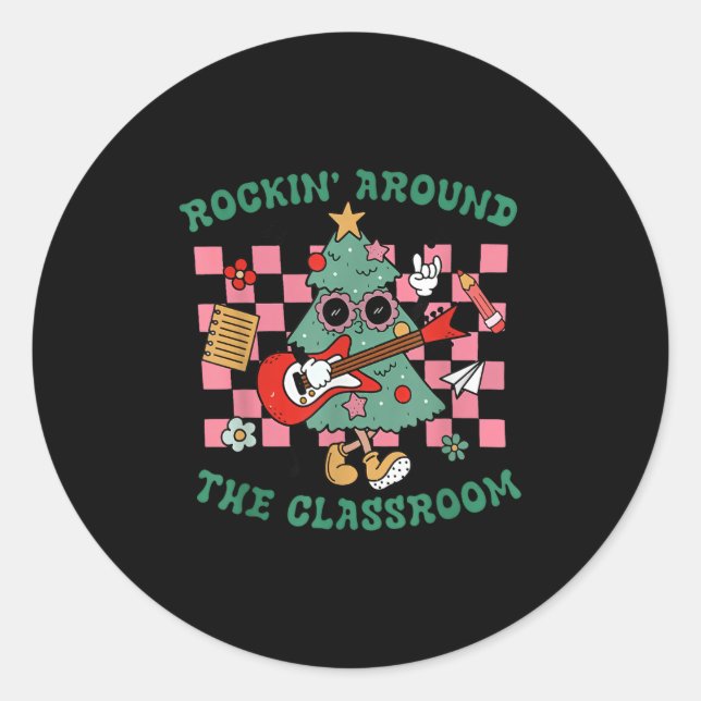 Sticker Rond Retro Groovy Teacher Christmas Rockin' Around The  (Devant)