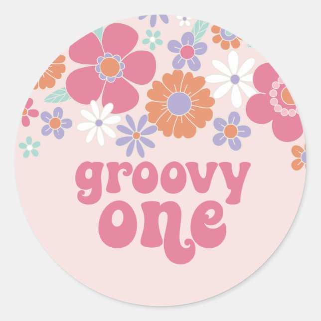 Sticker Rond Retro Groovy Une Fleur Rose (Devant)