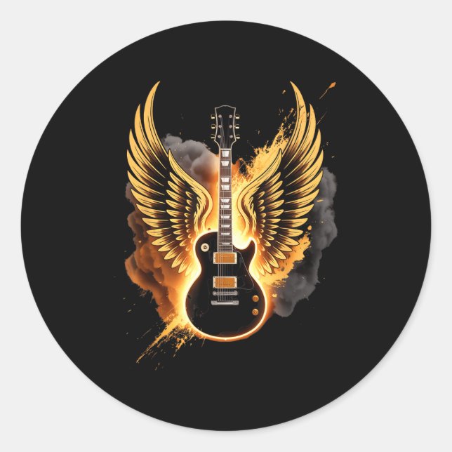 Sticker Rond Retro Guitar Wings Abstract Art Rock And Roll Musi (Devant)